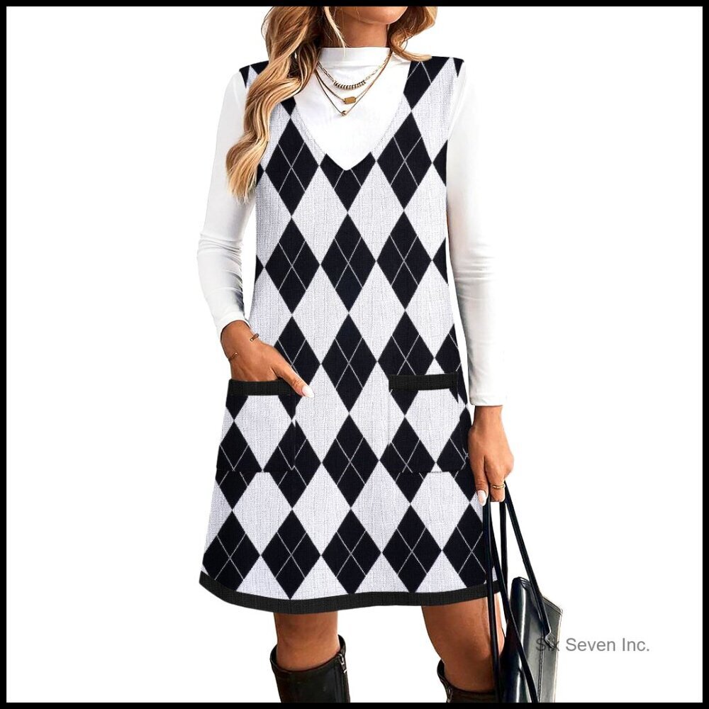 V Neck Sleeveless Knit Pullover Sweater Dress with Pockets Fall Winter Outfits